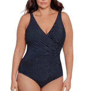 Miraclesuit Plus Size Oceanus One Piece, Pin Point, Blue/White, V-Neck, Size 22W